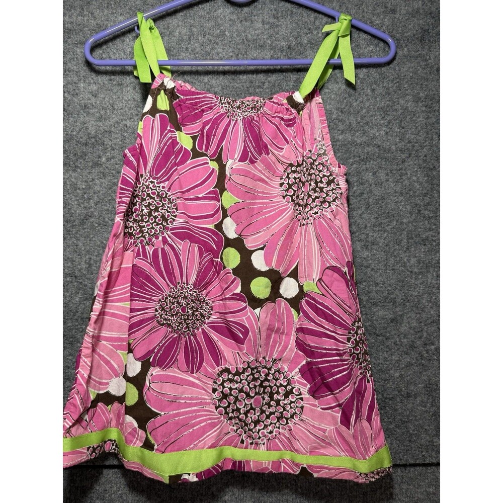 Hanna Andersson Girls Pink Floral Dress with Green Ribbon – Size 100 (4T)